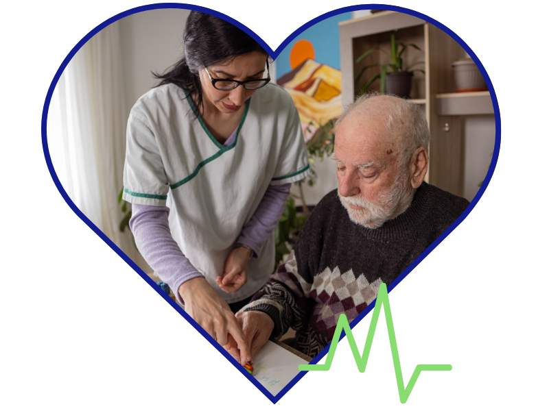 Trained caregiver assisting a senior man with memory care and cognitive support activities at home in Middlesex County, MA