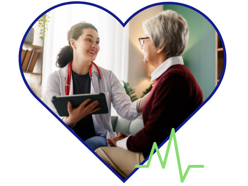 Skilled nurse reviewing health information with elderly patient during a home health care consultation in Middlesex County, MA